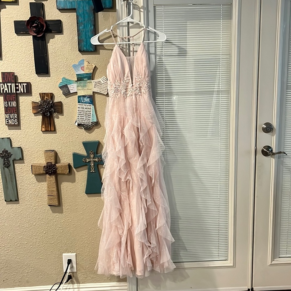 Dillards Sparkly Baby Pink Prom Dress. Gem